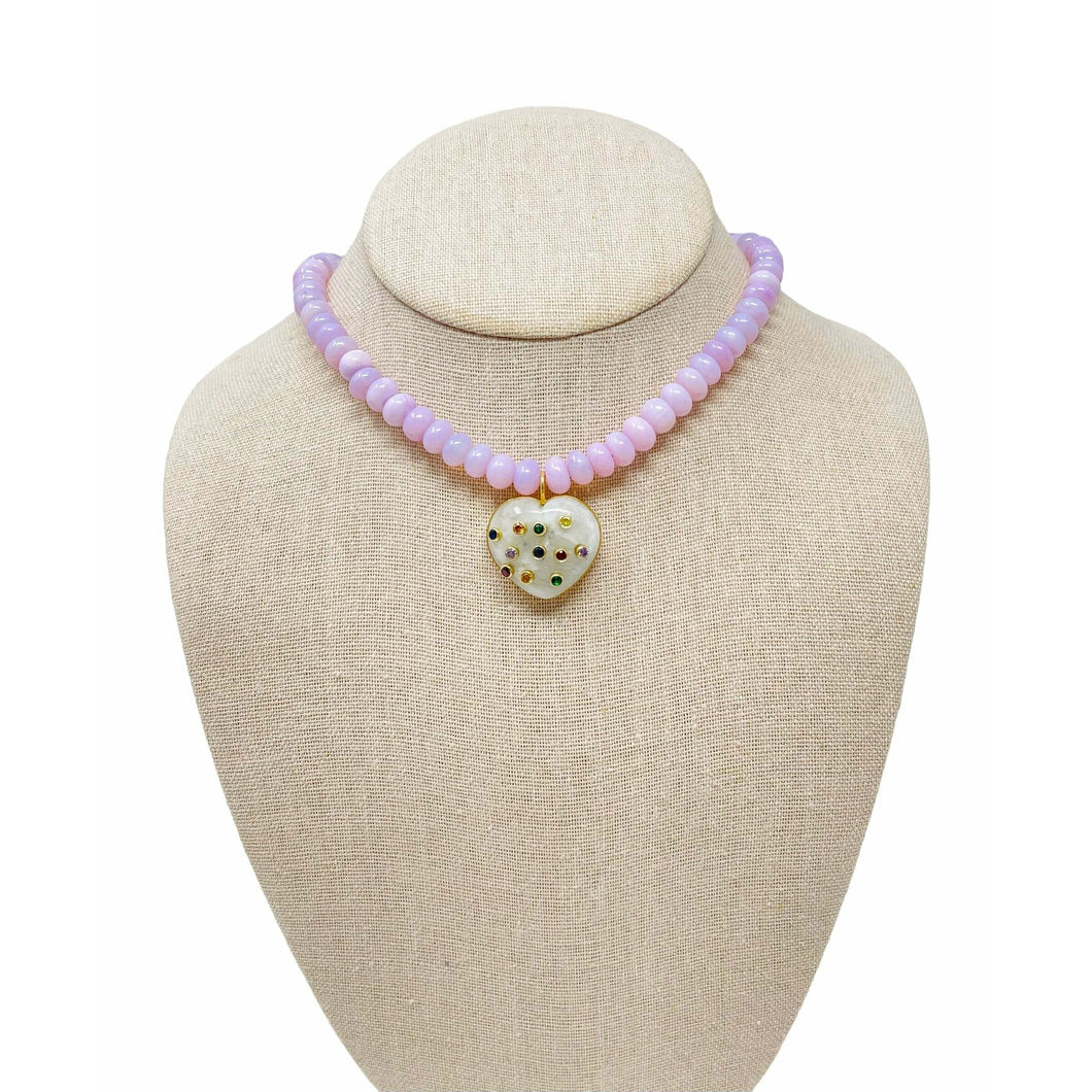 Charmed Opal Gemstone Necklace - Light Mauve Pink/Moonstone Heart