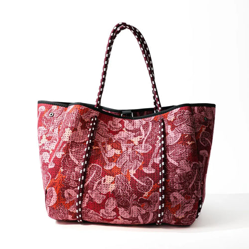 Large Neoprene Tote Bag - Shrooms Print Red