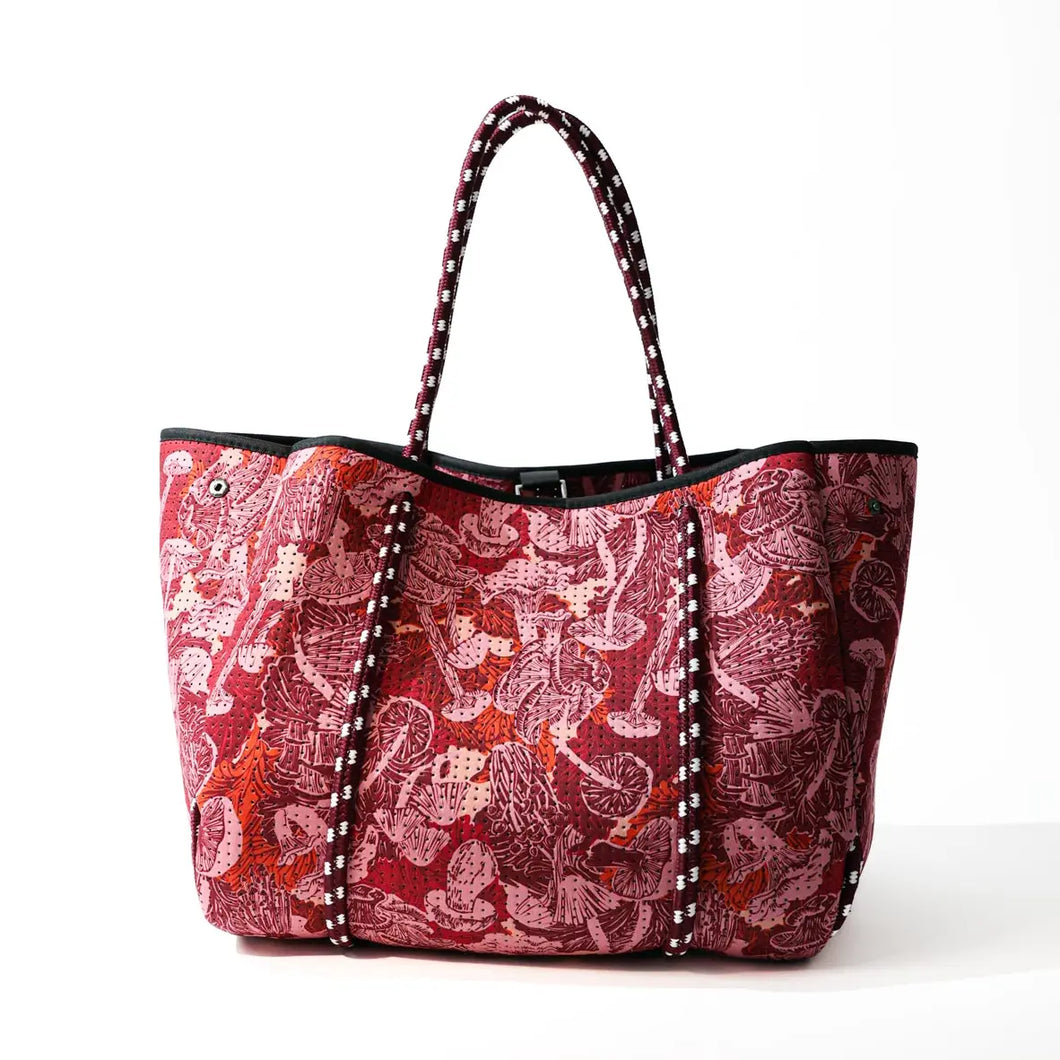 Large Neoprene Tote Bag - Shrooms Print Red