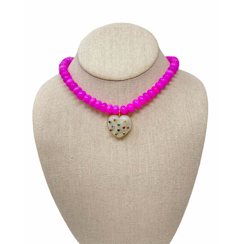 Charmed Opal Gemstone Necklace - Hot Pink/Moonstone Heart