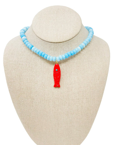 Smooth Jade Gemstone Tall Fish Necklace - Turquoise/Red