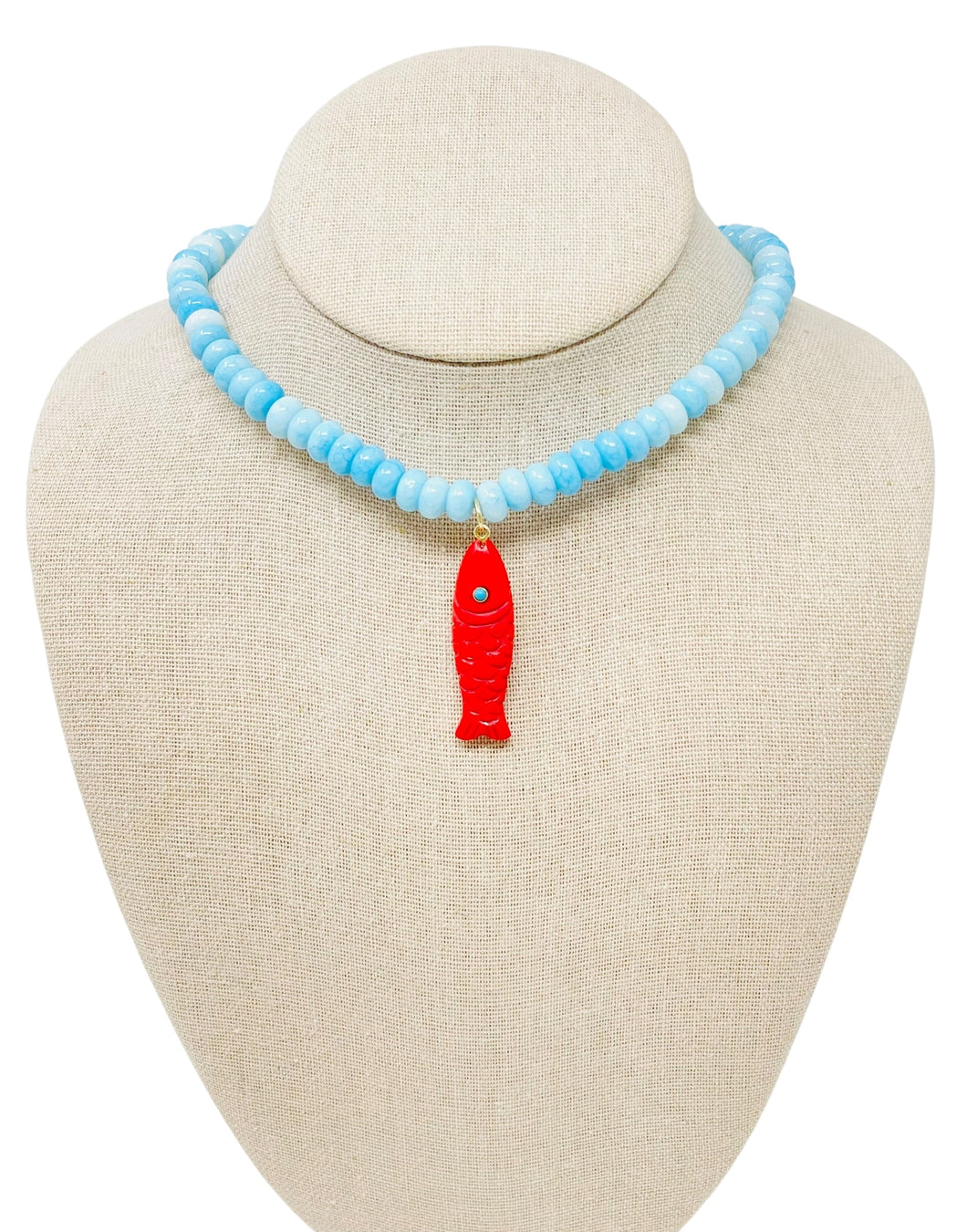 Smooth Jade Gemstone Tall Fish Necklace - Turquoise/Red