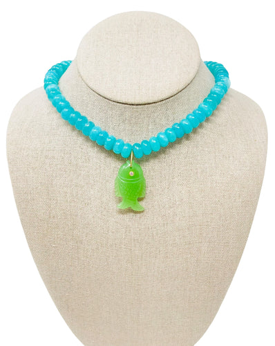 Large Beaded Smooth Jade Gemstone Fish Necklace - Pacific Blue/Green