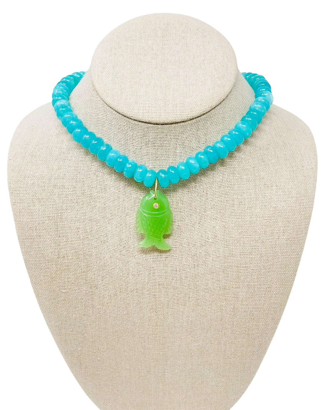 Large Beaded Smooth Jade Gemstone Fish Necklace - Pacific Blue/Green