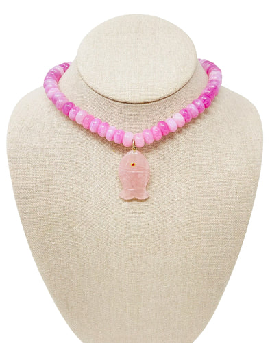 Large Beaded Smooth Jade Gemstone Fish Necklace - Pink