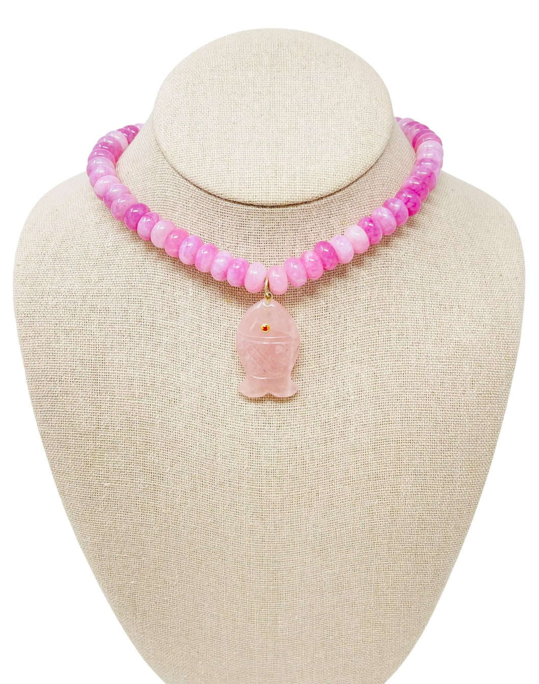 Large Beaded Smooth Jade Gemstone Fish Necklace - Pink