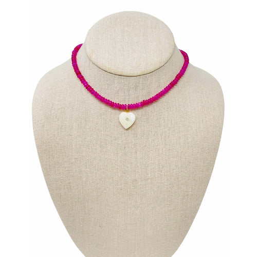 Thin Jade Heart Gemstone Necklace - Hot Pink