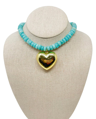Opal Gemstone Puffy Heart Necklace - Aqua