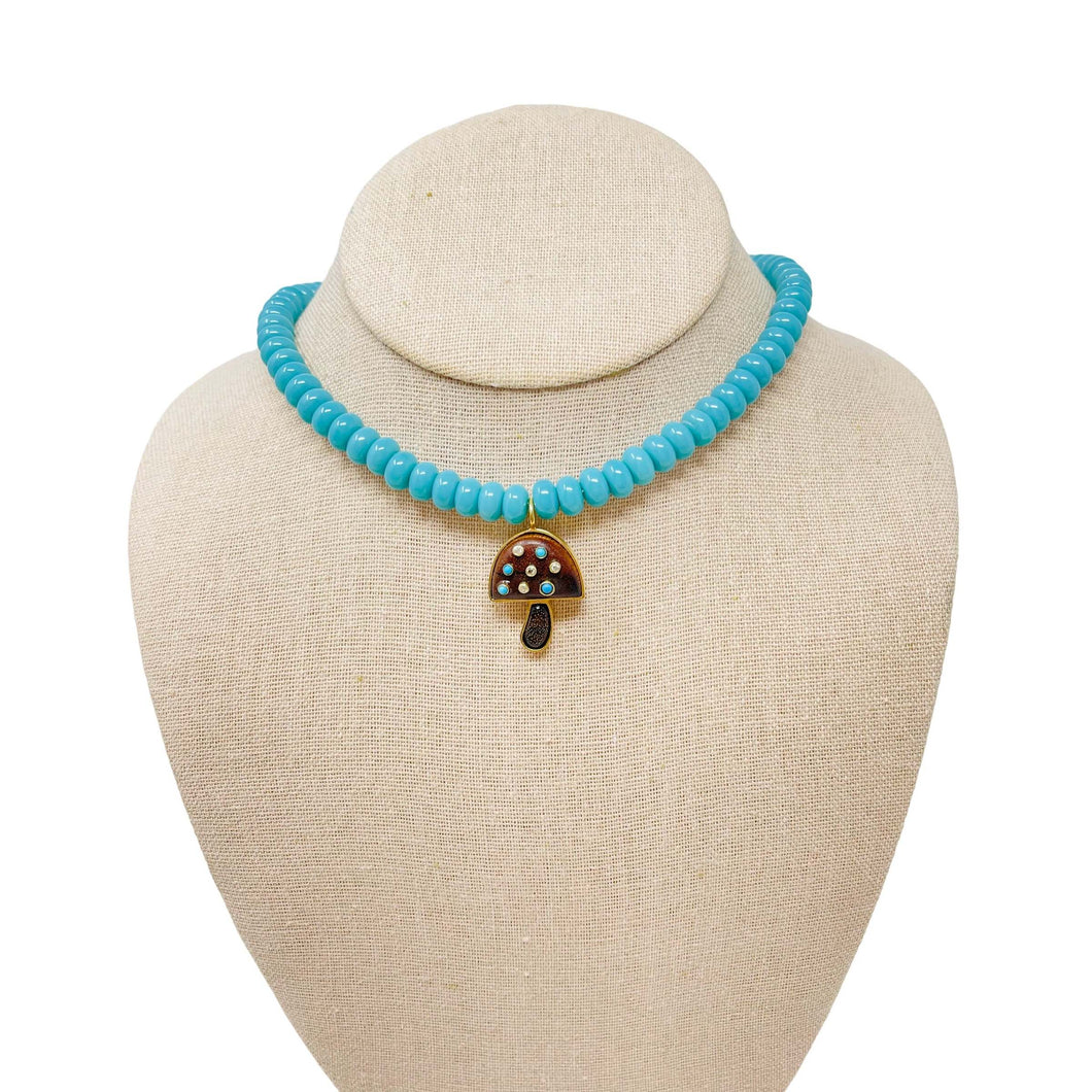Charmed Gemstone Necklace - Turquoise/Brown Wooden Mushroom
