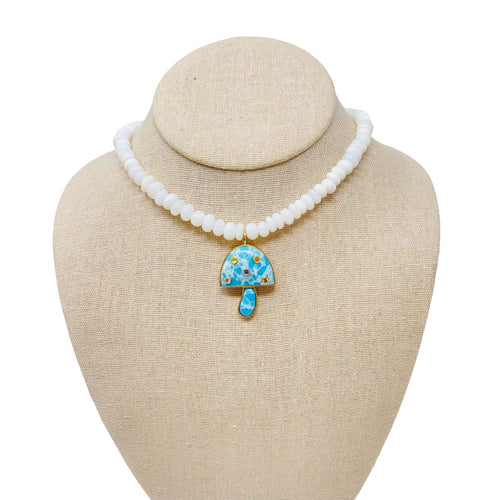 Charmed Opal Gemstone Necklace - White/Medium Larimar Mushroom