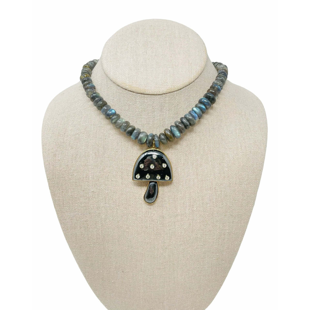 Charmed Opal Gemstone Necklace - Labradorite/XL Gunmetal Mushroom