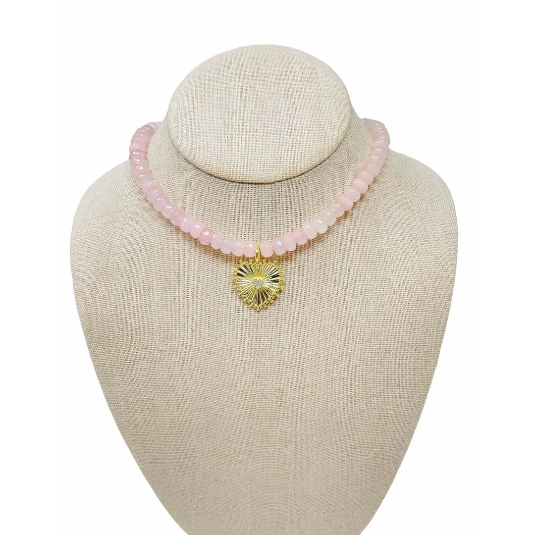 Gemstone Gold Heart Necklace - Light Pink