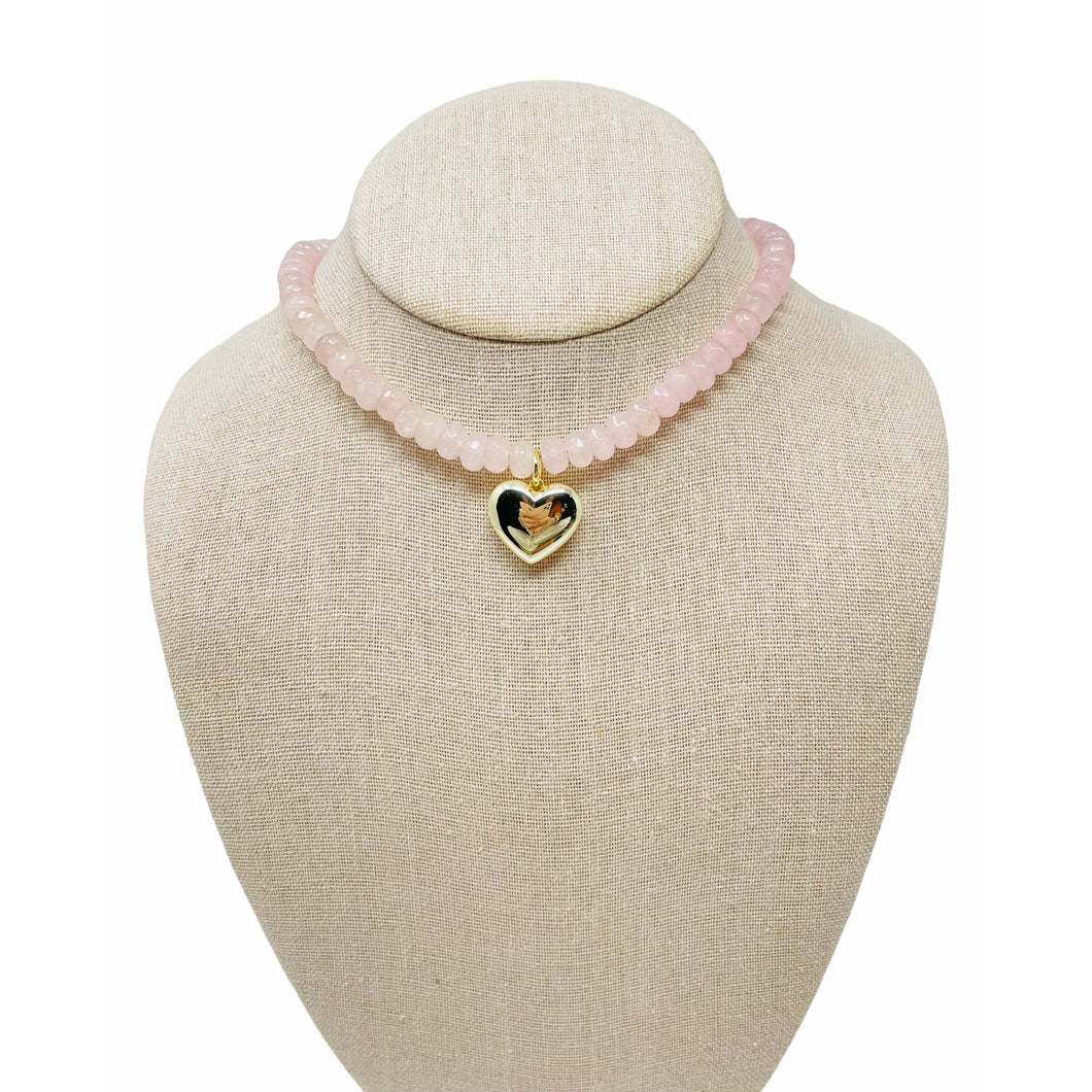 Gemstone Gold Puffy Heart Necklace - Light Pink
