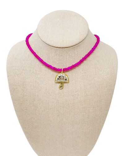 Charmed Thin Jade Gemstone Necklace - Hot Pink/Mushroom