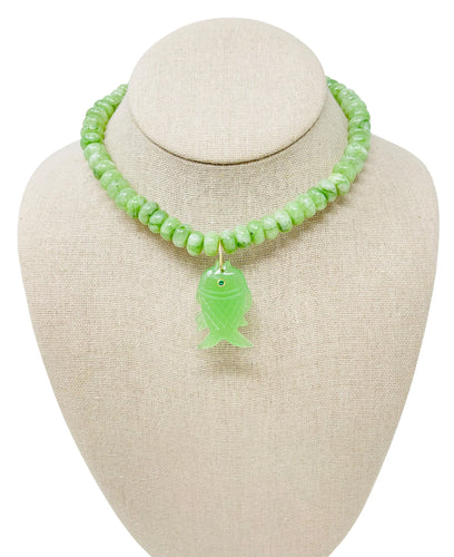 Large Beaded Smooth Jade Gemstone Fish Necklace - Bamboo