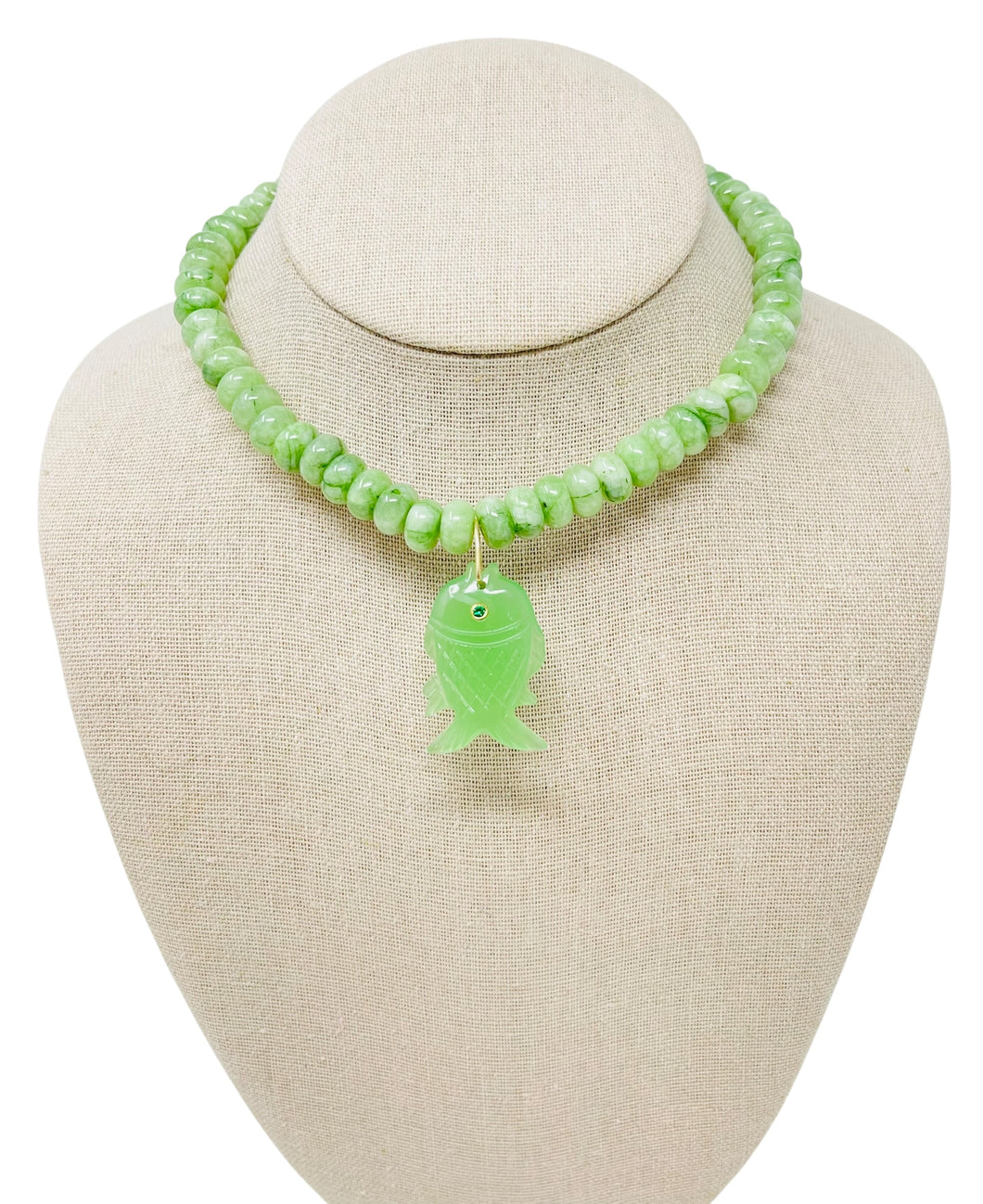 Large Beaded Smooth Jade Gemstone Fish Necklace - Bamboo