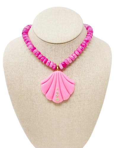 Large Beaded Smooth Jade Gemstone Shell Necklace - Pink Opal