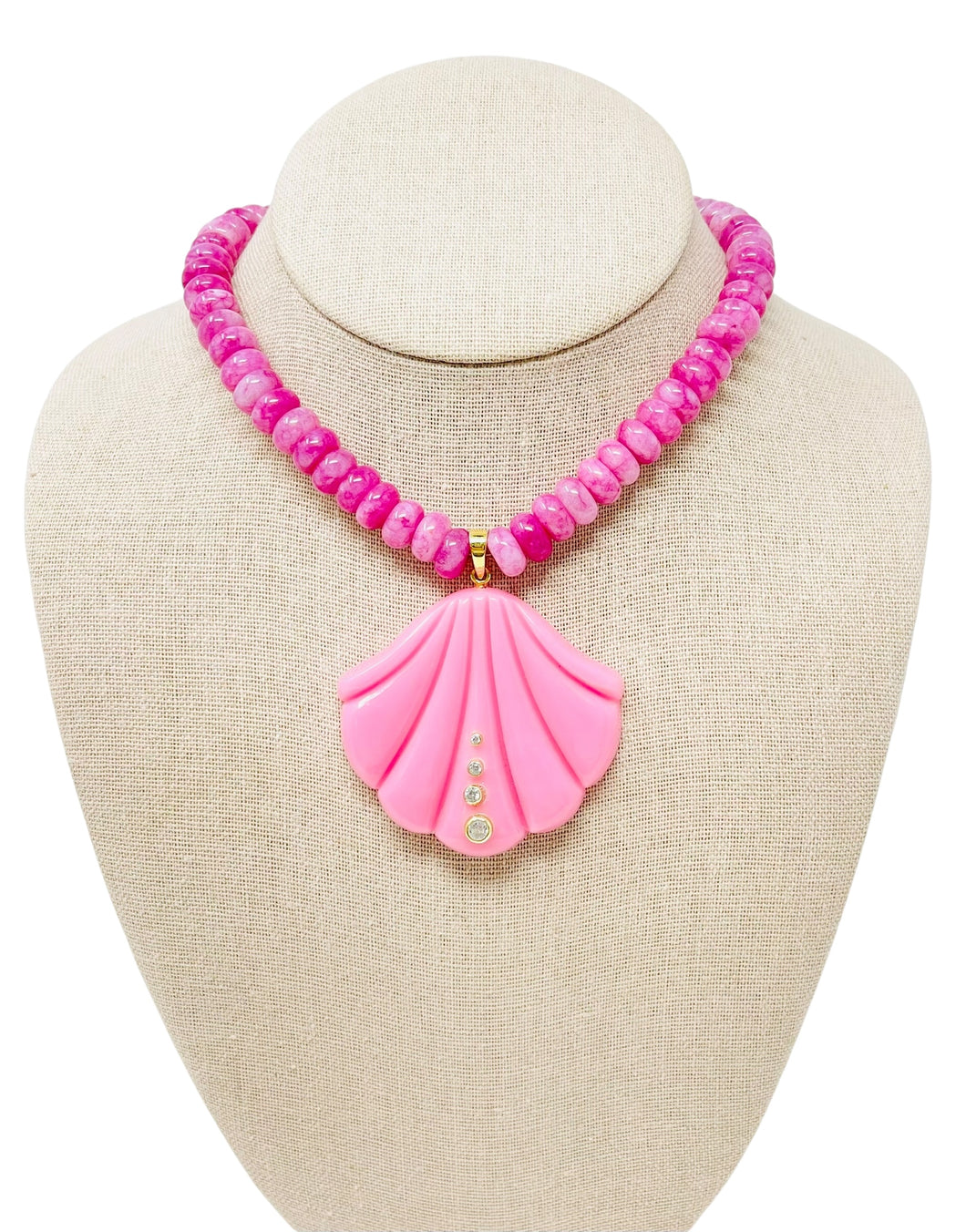 Large Beaded Smooth Jade Gemstone Shell Necklace - Pink Opal