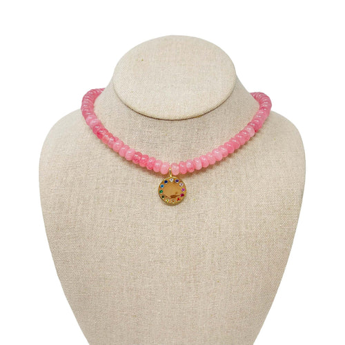 Smooth Jade Gemstone Charm Necklace - Candy Pink/Rainbow