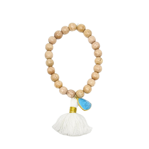 Beaded Tassel and Stone Bracelet - White/Turquoise