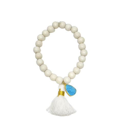 Beaded Tassel and Stone Bracelet - White/Turquoise