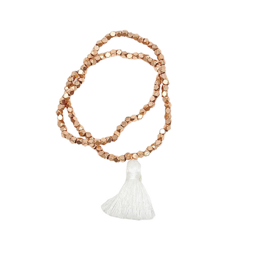 Metallic Duo Tassel Bracelet Stack - Rose Gold/White